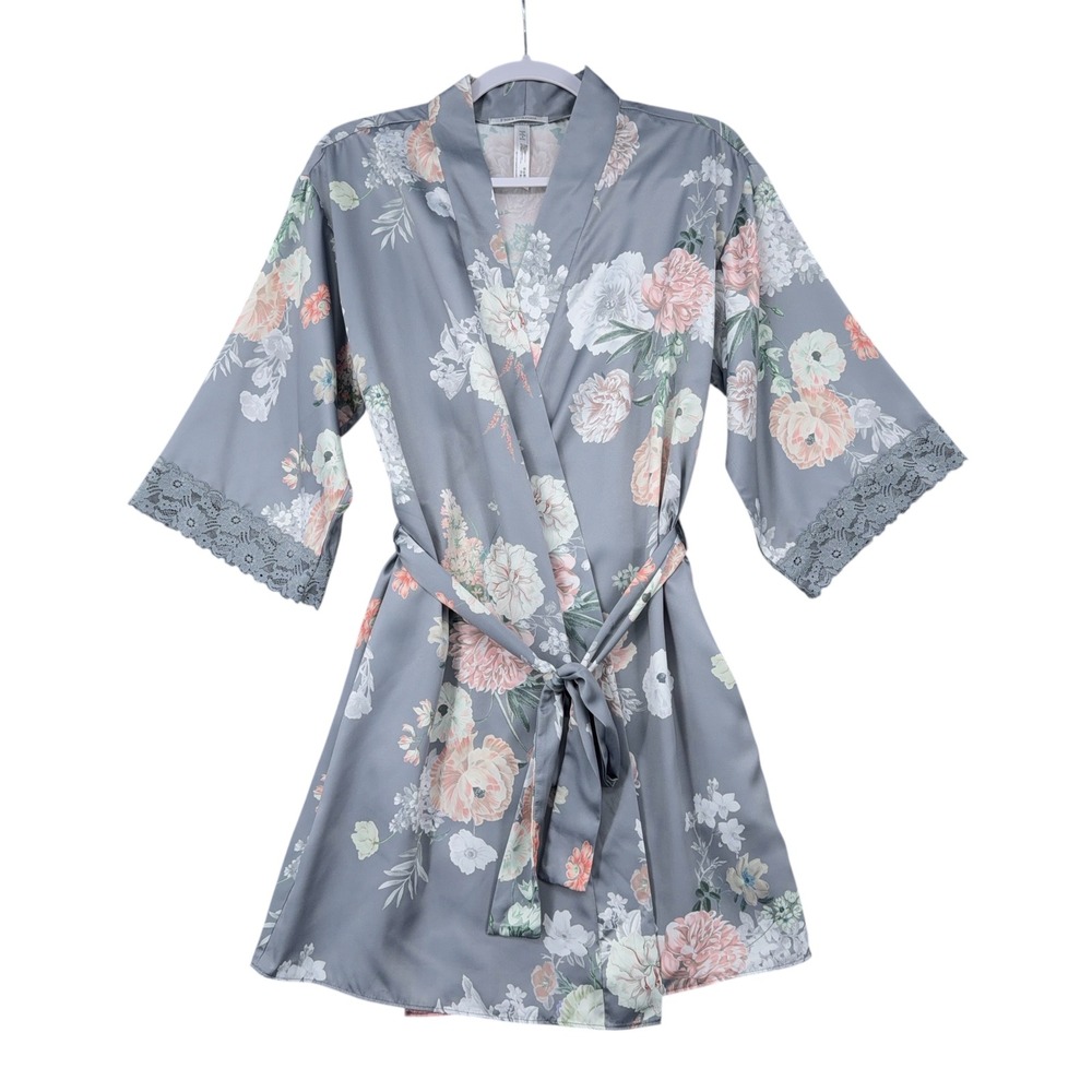 Flora Nikrooz Blue‎ Grey Floral Satin Lace Trim Robe Small Q81501 Loungewear